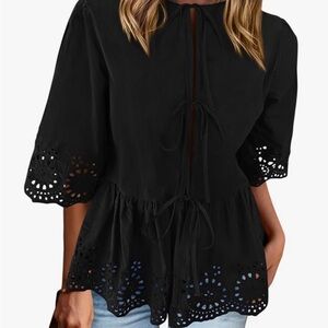 Chic Black Eyelet Blouse with Tie Detail